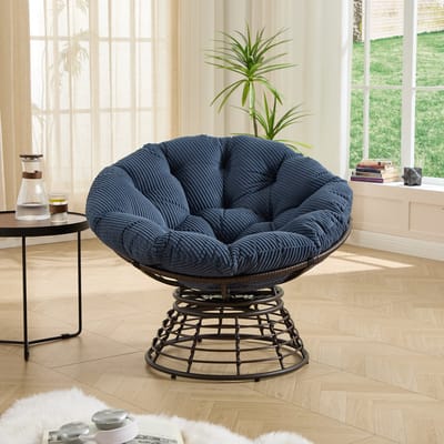 Schommelstoel - Ergonomische Papasan stoel - 360° rotatie - Relaxstoel - Loungestoel - Rotan Relaxstoel - Geschikt voor gebruik binnen en buiten - Marineblauw