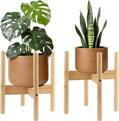 Set van 2 Houten Plantstands van 25 cm, Ideaal voor Binnen en Buiten, Mid-Century Modern Bloempot Houder voor Thuis en Tuin
