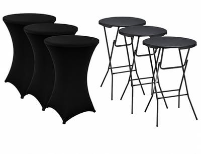 Alora 3x zwarte Statafel + zwarte Statafelrok x 3 – 80 cm Dia x 110 cm hoog - Cocktailtafel - Hoge staan tafel - Breed Blad - Inclusief zwarte Statafelhoes - Staantafelrok Stretch - Bartafel rond - Sta tafel Horeca