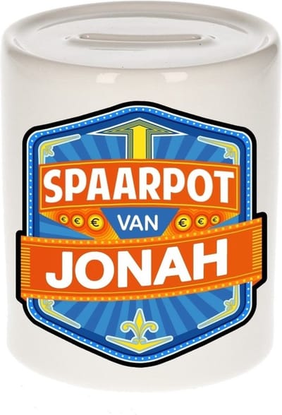 Bellatio Decorations Kinder spaarpot met naam - Jonah - keramiek - met dop - wit - Sparen - Spaargeld van Jonah