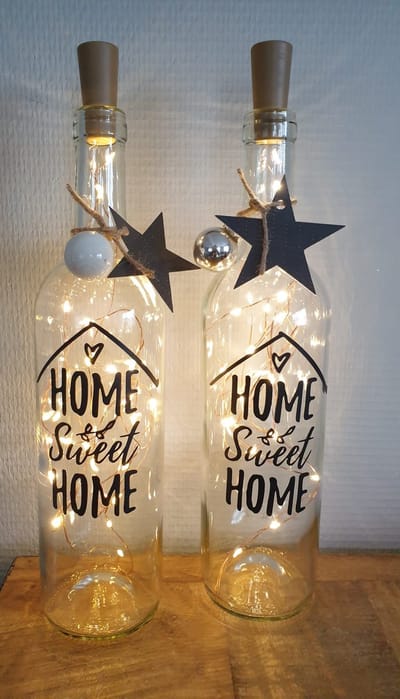 Lichtfles - Home Sweet Home - Wijnfles met Lichtjes - Sfeerlicht - Tekst naar Keuze  - LEDlicht - Warmlicht