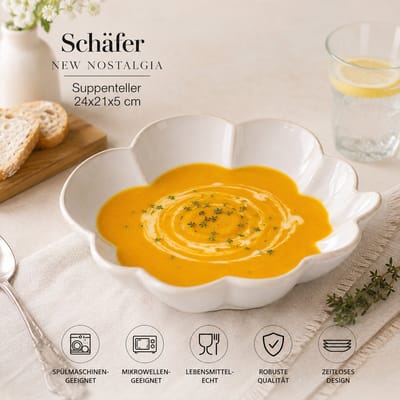 Schäfer New Nostalgia Soepkommen Set van 6 – 24 x 21 x 5 cm – Serveerkommen vintage stijl – Diepe Borden – Keramische Soepborden – Beige