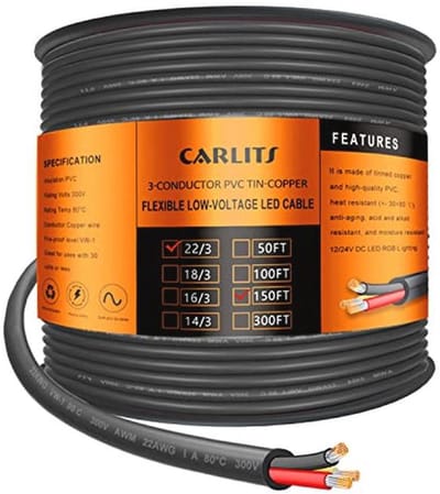 3-aderige elektrische kabel 22 gauge, 45,72 m, flexibele verlengkabel voor laagspannings-LED-projecten