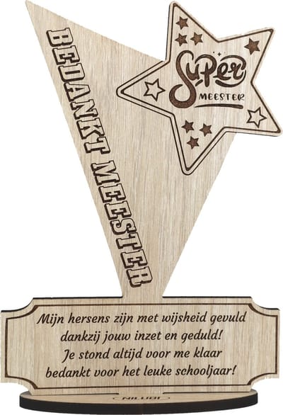Meester Bedankt Cadeau | Geschenk om Leraar te Bedanken | Bedankje Leerkracht | Kaart van Hout | Einde Schooljaar | 17.5 x 25 cm