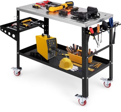 COSTWAY Mobiele lastafel, 92 x 46 cm, laswerkbank met gaten van 1,6 cm, gereedschapsstandaard en plank, 8 gereedschapssleuven en 2 lasmondhouders, werktafel op wielen tot 540 kg belastbaar