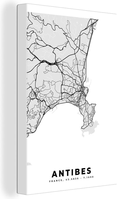 Canvas Schilderij Frankrijk - Plattegrond - Kaart - Antibes - Stadskaart - 20x30 cm - Wanddecoratie