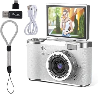 KZQ 4K digitale camera 48MP met flip screen selfiecamera 8x zoom 32GB geheugenkaart 2,4 inch HD kantelscherm LED invullicht vlogcamera wit voor kinderen tieners en studenten