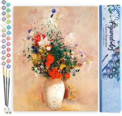 Figured'Art Schilderen op Nummer Volwassenen canvas Vaas met Bloemen - Odilon Redon - Handwerk acrylverf Kit DIY Compleet - 40x50cm zonder frame