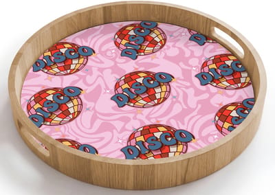 Dienblad rond 40x40 cm - Schootdienblad hout - Disco - Bal - Patroon - Roze - Borrelplank rechthoek - Plateau houten dienbladen