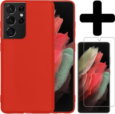 Hoesje - Met Screenprotector - Geschikt voor Samsung Galaxy S21 Ultra - Sterk & Shockproof - Telefoon Hoes - Back Cover - Siliconen Case - Telefoonhoes - Rood