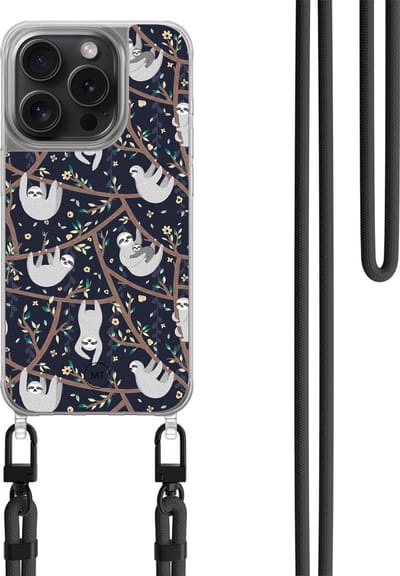 Hoesje met koord geschikt voor iPhone 14 Pro - Luiaard - Inclusief zwart koord - Crossbody beschermhoes - Transparant, Multi - Mooie Telefoonhoesjes