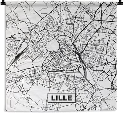 Wandkleed - Wanddoek - Lille - Stadskaart - Frankrijk - Kaart - Plattegrond - Zwart wit - 180x180 cm - Wandtapijt