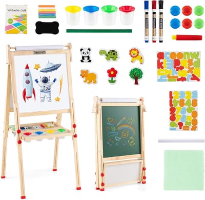 COSTWAY 3-in-1 kinderezel in hoogte verstelbaar, whiteboard & krijtbord & tekenpapier, houten kinderbord met plank en accessoires