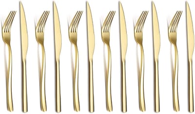 Goud Steakmessenset 12 Delig, Premium Roestvrij Staal 6 Dinervorken En 6 Dinermessenset, Steakmessen Steakvorken Voor 6 Personen, Vaatwasmachinebestendig (Glanzend Goud)