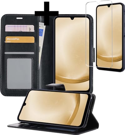 Hoesje - Met Screenprotector - Geschikt voor Samsung Galaxy A25 - Luxe Pasjeshouder - Bookcase Portemonee - Flip Case - Kunstleer Book Case - Flipcase - Book Cover - Walletcase - Portemonneehoes - Telefoonhoesjes - Zwart