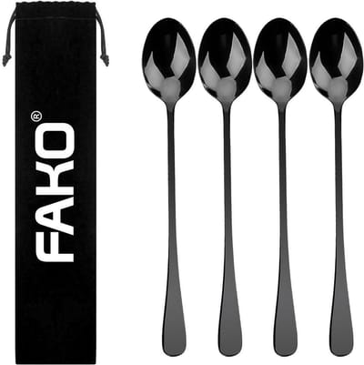 Fako Bijoux® - 4 Lange Lepels - Latte Macchiato - Longdrink - Cocktail - Dessert - IJs - Koffie - Zwart - 4 Stuks - Bewaarzakje