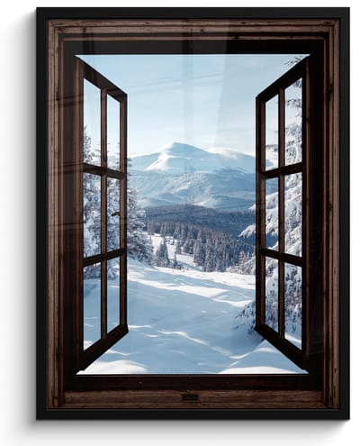 Poster in lijst - Fotolijst 50x70 cm - Posters - Winter - Landschap - Natuur - Berg - Bomen - Doorkijk - Uitzicht - Posterlijst zwart - Decoratie - Wanddecoratie woonkamer - Muurdecoratie slaapkamer