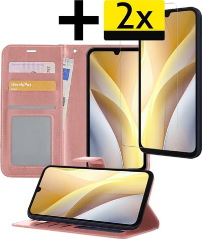 Hoesje - Met 2x Screenprotector - Geschikt voor Samsung Galaxy A15 - Luxe Pasjeshouder - Bookcase Portemonee - Flip Case - Kunstleer Book Case - Flipcase Hoes - Book Cover - Walletcase - Portemonneehoes - Telefoonhoesjes - Rosé goud