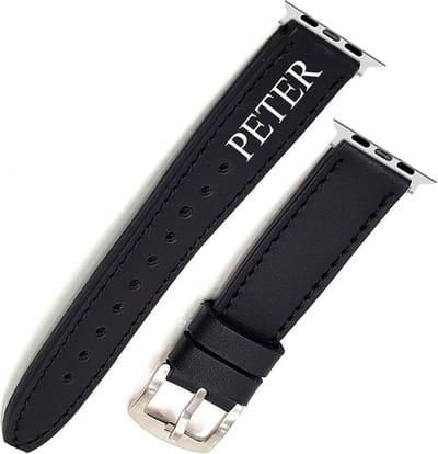 Voor Apple Watch bandje met naam zwart lederen 42 / 44 / 45mm – Series 1 / 2 / 3 / 4 / 5 / 6 / 7 / SE - Smartwatch iWatch Horlogebandjes, Apple watch leren band, apple Smartwatch Horloge Bandje, naam cadeau, kado met naam