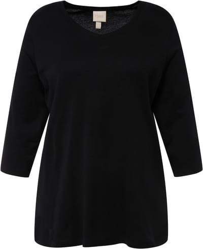 Ulla Popken - Dames - Shirt ribjersey V-hals 3/4-mouw biologische katoen - Zwart - Maat 42+