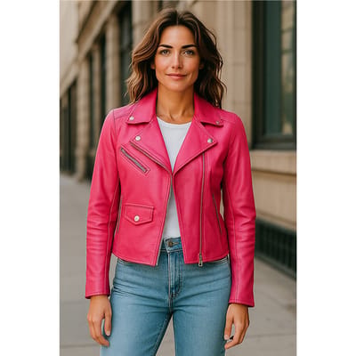 Dames fuchsia roze klassieke Brando biker leren jas - Soweto