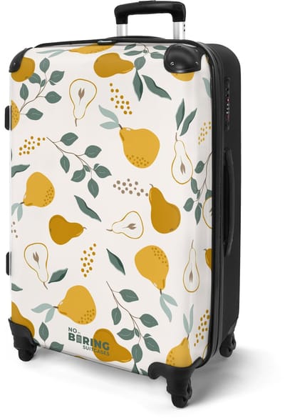 NoBoringSuitcases.com® - Koffer groot - Rolkoffer lichtgewicht - Beige met peren en bladeren - Reiskoffer met 4 wielen - Reis trolley - Grote valies XL - Bagagekoffer op wieltjes - 20 kg bagage - Ruimbagage middelgroot