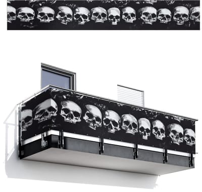 Balkonscherm 500x75 cm - Balkonposter Schedels - Zwart - Contrast - Balkon scherm decoratie - Balkonschermen - Balkondoek zonnescherm