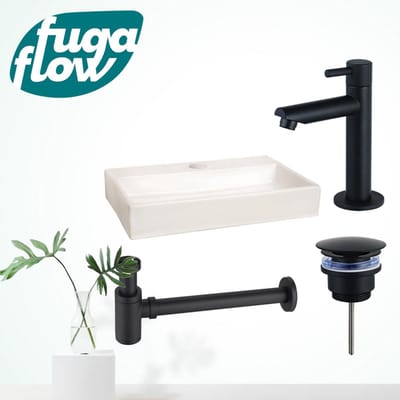 QeramiQ Fuente fonteinset - 38x24cm - 1 kraangat - keramiek - fonteinkraan zwart mat - glans wit