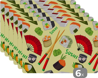 Placemat - Placemats kunststof - Sushi - Japan - Patronen - 45x30 cm - 6 stuks - Hittebestendig - Anti-Slip - Onderlegger - Afneembaar