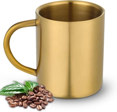 Koffiemok van roestvrij staal met breder handvat - dubbelwandig - voor hete soep en thee - 325 ml.