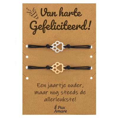 Vriendschapsarmbandjes voor 2 "Van Harte Gefeliciteerd" - Hondenpootjes - BFF Armbandjes met Verjaardags Cadeau Kaartje - Zilverkleurig & Goudkleurig - Elastisch Verstelbaar - Pax Amare