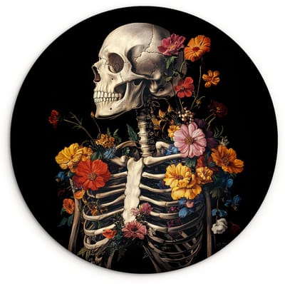 WallCircle® Wandcirkel 120x120 cm - Muurcirkel Skelet - Bloemen - Schedel - Kleurrijk - Muurdecoratie woonkamer - Wanddecoratie slaapkamer - Kamer decoratie accessoires - Ronde schilderijen XXL