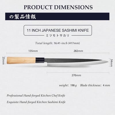 Professioneel 28cm Yanagiba Mes voor Sashimi, Handgemaakt Sushi Mes met Fraxinus Mandshurica Handvat en Cadeauverpakking, Perfect voor Koks en Sushi Liefhebbers