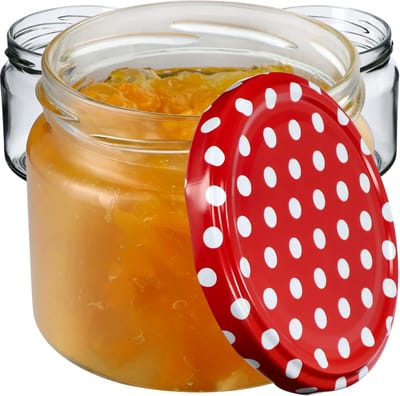 KADAX Inmaakpotten met schroefdeksel, jampotten, 330 ml, voorraadpotten voor jam, honing, potten met schroefsluiting, rood gestippeld / 10 stuks