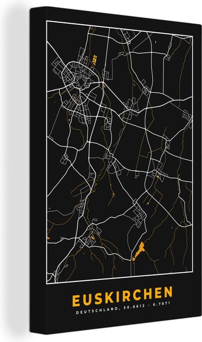 Canvas Schilderij Black and Gold – Stadskaart – Euskirchen – Duitsland – Plattegrond – Kaart - 20x30 cm - Wanddecoratie