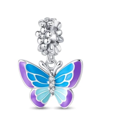Fler® | Bedel | Past op populaire bedel armbanden (standaard-3mm) | armbandbedel | GLow in the Dark Vlinder | Hangbedel Charm | 925 sterling zilver | Zirkonia | Blauwe & Paarse emaille | Vriendschap, Verjaardagsgeschenk, Cadeau | Valentijn kado