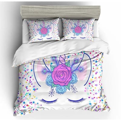 Meisjes Eenhoorn Dekbedovertrek Set Full Queen Size Dekbedovertrek Kinderen Beddengoed Set Cartoon Zacht Microfiber Spreihoes Roze Roos EU single(135x200cm)