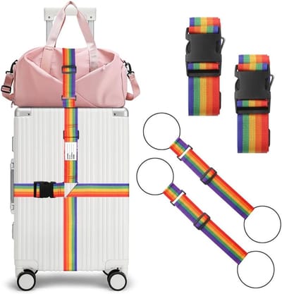 Verstelbare bagagestraps voor koffers, 2 stuks lange gekruiste straps met bagagetags en 2 stuks elastische bungee-wraps voor extra bagagebeveiliging en organisatie