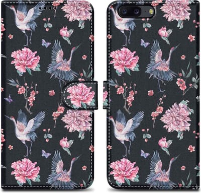 Cadorabo Hoesje geschikt voor OnePlus 5 - Design Kraan & Bloemen No. 9 - Beschermhoes Case Cover met magnetische sluiting, standaardfunctie en kaartvakje