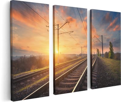 Artaza Canvas Schilderij Drieluik Rails Spoorweg Bij Zonsondergang - 120x80 - Foto Op Canvas - Canvas Print