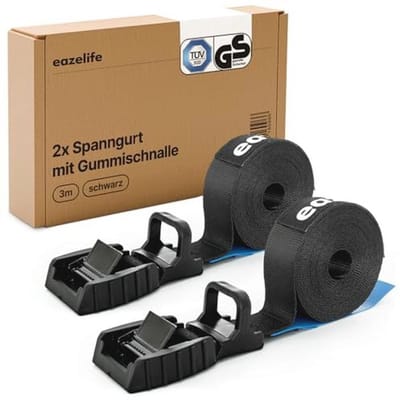 Set van 2 TÜV-gecertificeerde spanbanden met rubberen gesp, 3 m, ideaal voor dakkoffer, fiets, kajak, en bagage