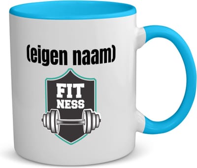Akyol - fitness logo dumbbells met eigen naam koffiemok - theemok - blauw - Fitness - atleten/sport liefhebbers - sport - fitness - dumbbells - verjaardag - cadeau - kado - 350 ML inhoud