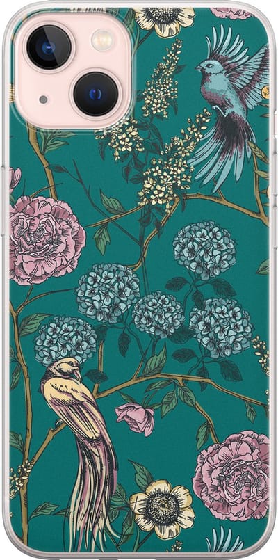 Hoesje geschikt voor iPhone 13 - Vogels Japanse bloemen - Soft Case - TPU - Bloemen - Groen - Mooie Telefoonhoesjes