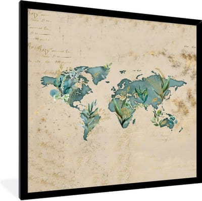 Poster in lijst - Fotolijst 40x40 cm - Posters - Wereldkaart - Vintage - Planten - Posterlijst zwart - Decoratie - Wanddecoratie woonkamer - Muurdecoratie slaapkamer