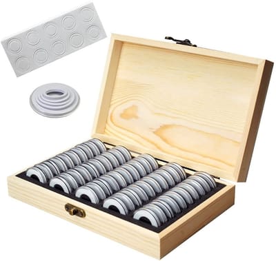 Dailygoods- Muntcapsules 50 stuks - Houten Opbergdoos - Universele Container - Herdenkingscollectie - Vintage Slot - Lichtbruin - Munthouder