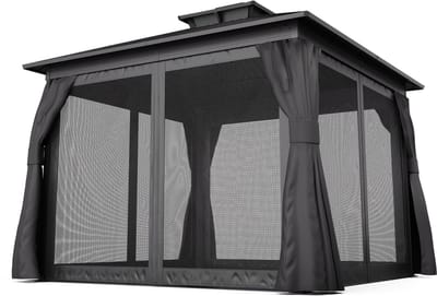 Blumfeldt Paviljoen tuinhuisje 3x3, tuinhuisje waterdicht stabiel, aluminium frame & gegalvaniseerd stalen dak, incl. gordijnen & muskietennet, UV-bescherming, weerbestendig, zwart - Tuinpaviljoen - 3x3 m - voor Tuin voor Feest - Polyester