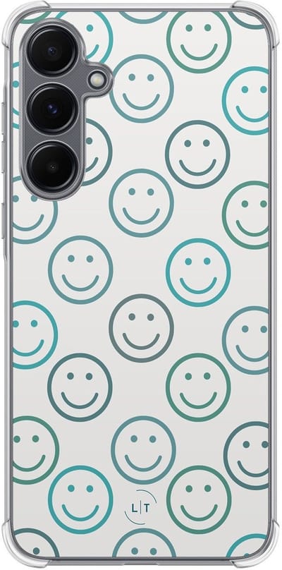 Shockproof hoesje - Geschikt voor Samsung Galaxy A15 - Happy faces - Extra sterke case - TPU/polycarbonaat - Print / Illustratie - Blauw, Transparant