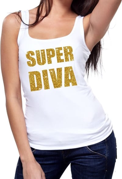 Super Diva tanktop / mouwloos t-shirt - wit - dames - gouden glitter letters - Glamour Party kleding - Foute Party S