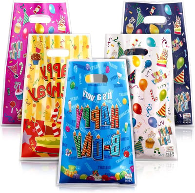 50 Stuks Feesttassen voor Verjaardagsfeestjes - Schattige Plastic Cadeautassen voor Kinderen - Ideaal voor Snoep en Party Favorieten (10 x 6.6 inches)