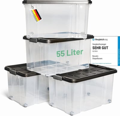 Novaliv 4x Opbergdozen met deksel Groot 55L Antraciet Nestbaar Stapelbaar met clipsluiting Rolboxen Kunststof BPA-vrij 61x40x32,5 cm